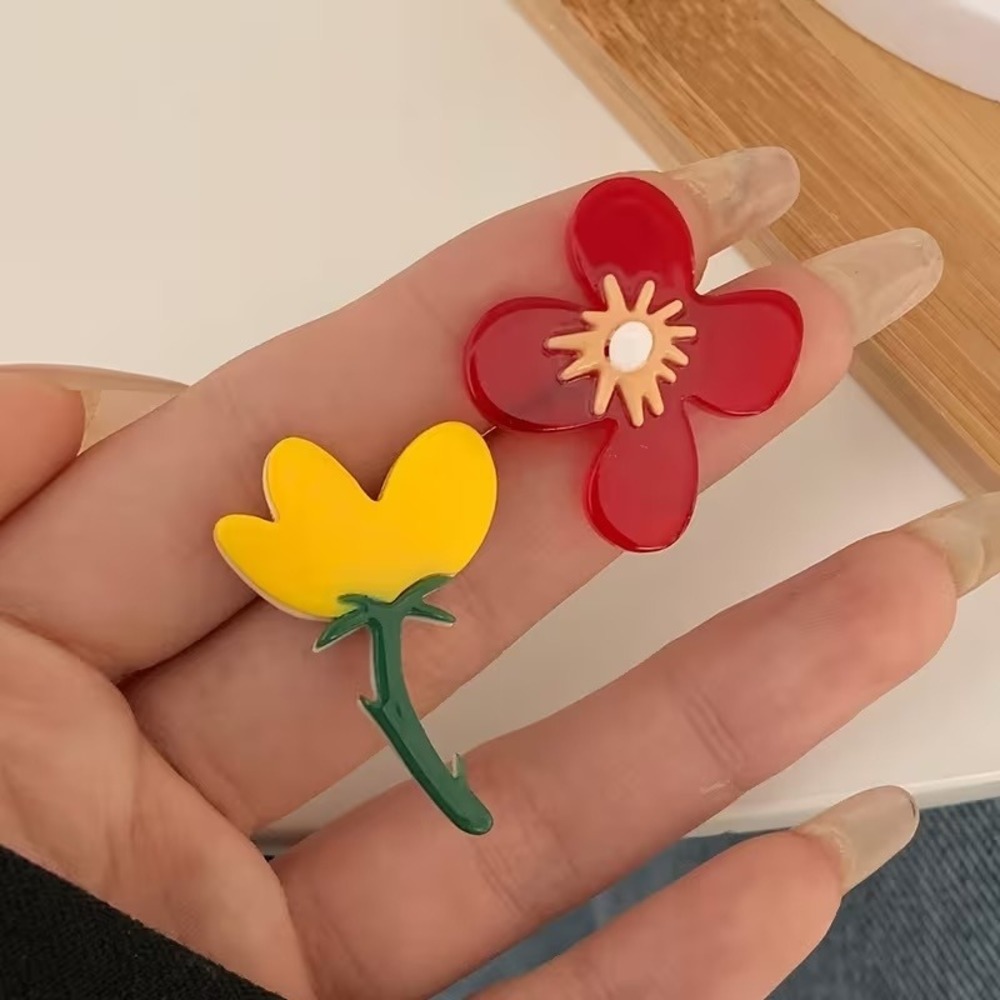 Mismatched Acrylic Flower Stud Earrings Red Yellow Floral Asymmetrical Jewelry